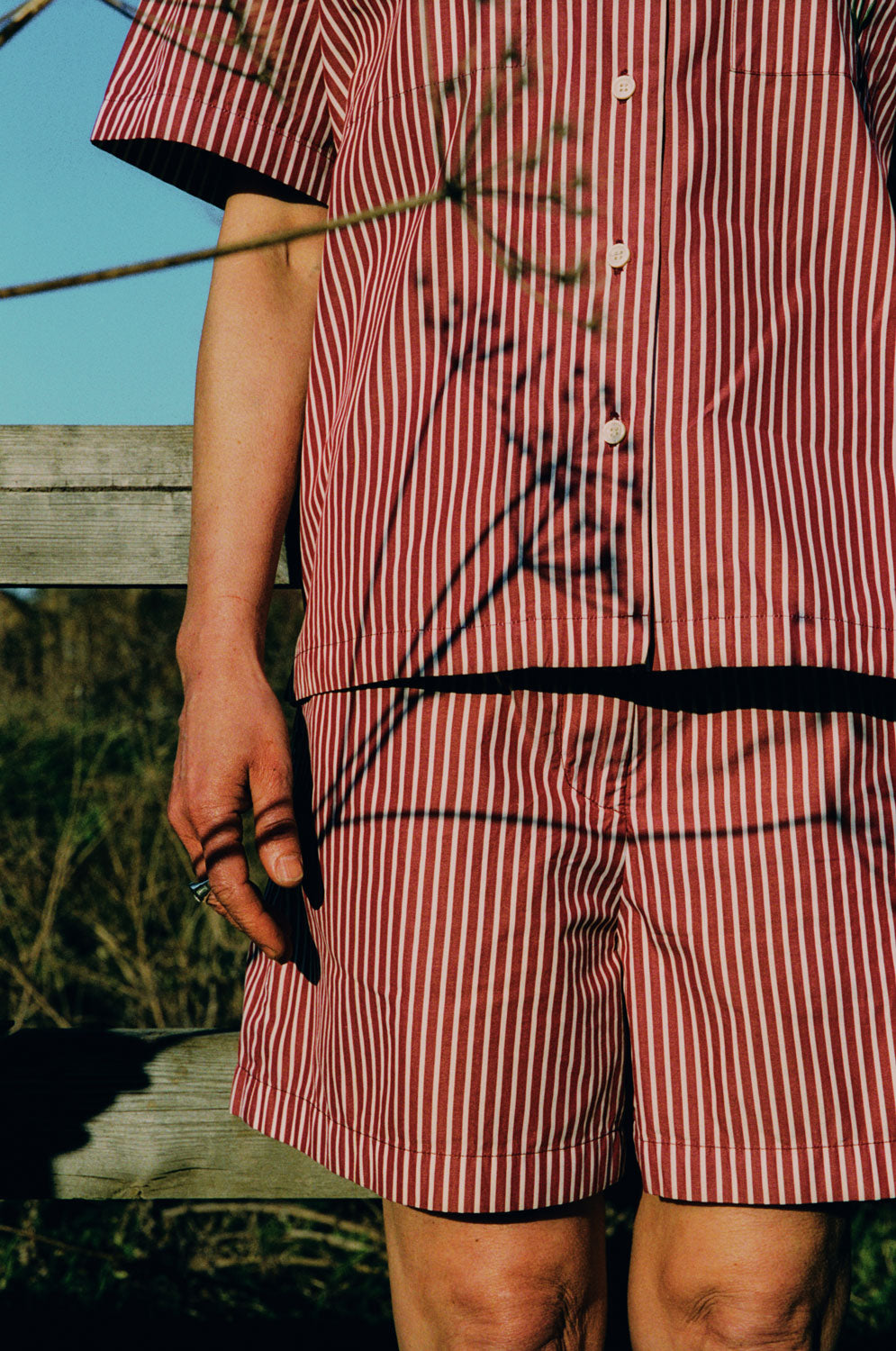 Frances berry red stripe Cuban shirt twin set with Bessie shorts, unisex sustainable luxury by Saywood