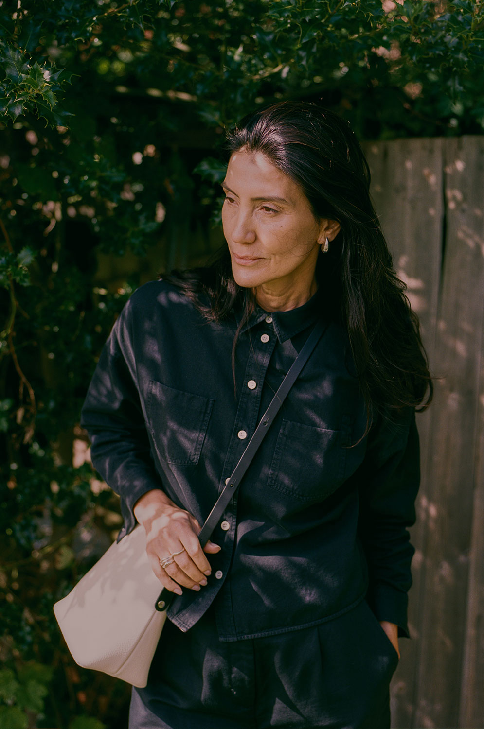 Full length view of Lela boxy shirt in black Japanese denim, oversized fit, handcrafted by Saywood
