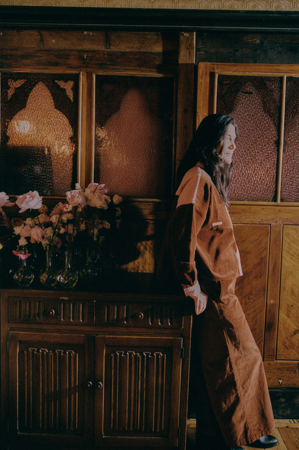 Side view of Lela caramel corduroy shirt, boxy silhouette, organic cotton, sustainably made in the UK by Saywood