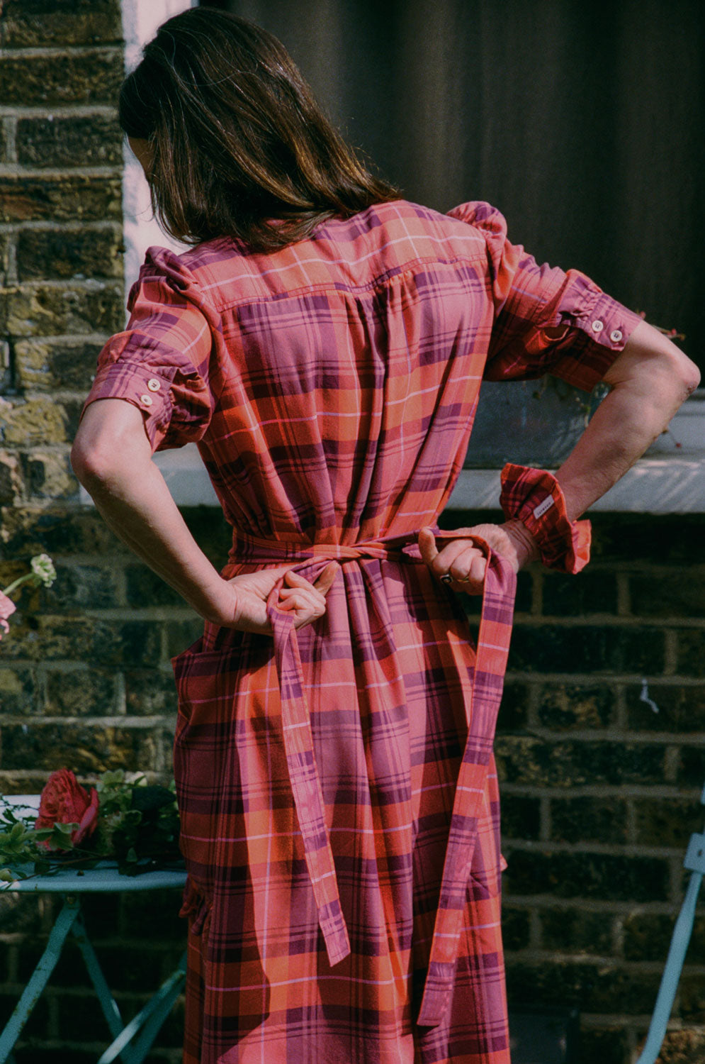 Rosa red tartan shirtdress back view showing tie belt detail, handmade in London by Saywood