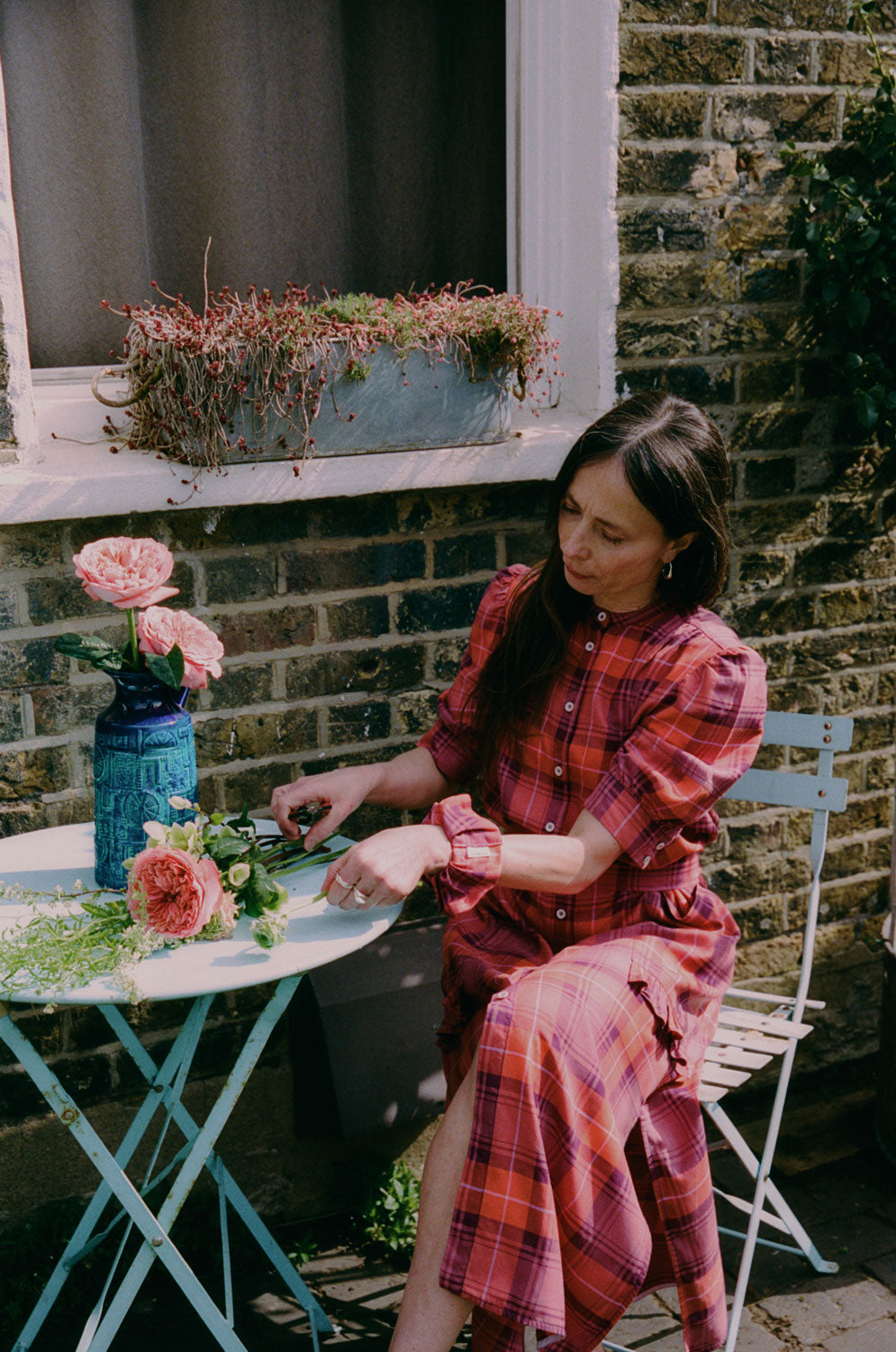 Rosa red tartan shirtdress with matching scrunchie, summer styling by Saywood