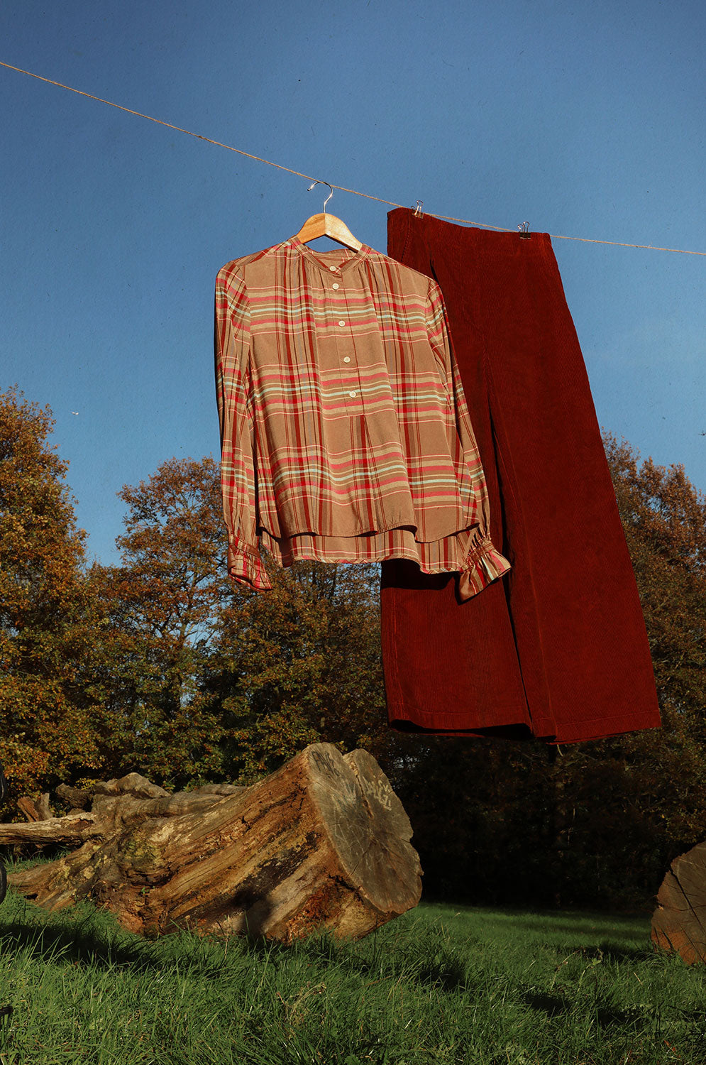 Styling inspiration: Amelia caramel corduroy trousers with Marie pink and hazelnut check blouse, made in London by Saywood