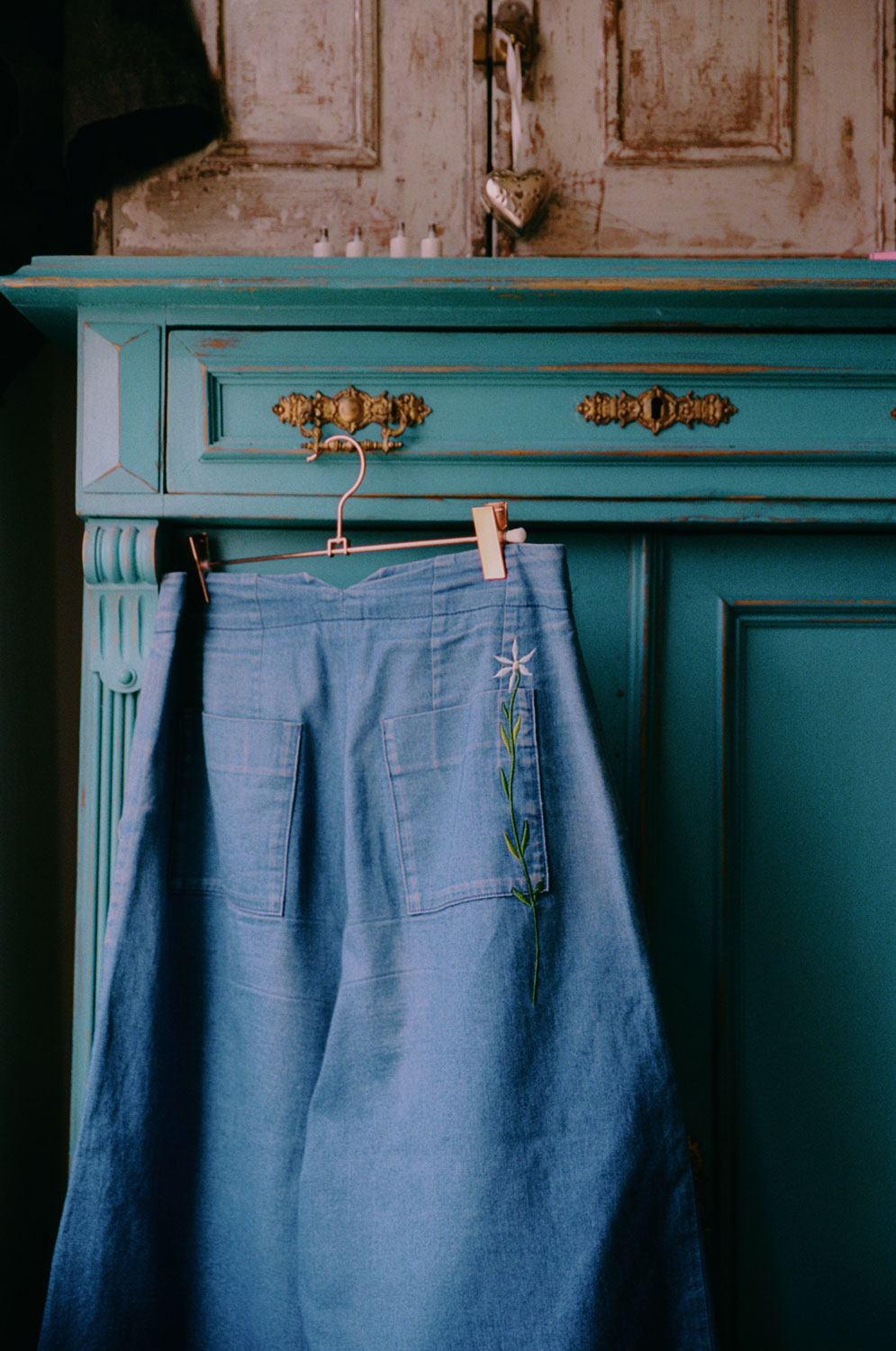 Japanese Denim Amelia Wide Leg Trousers with embroidered flower on back pocket, by Saywood.