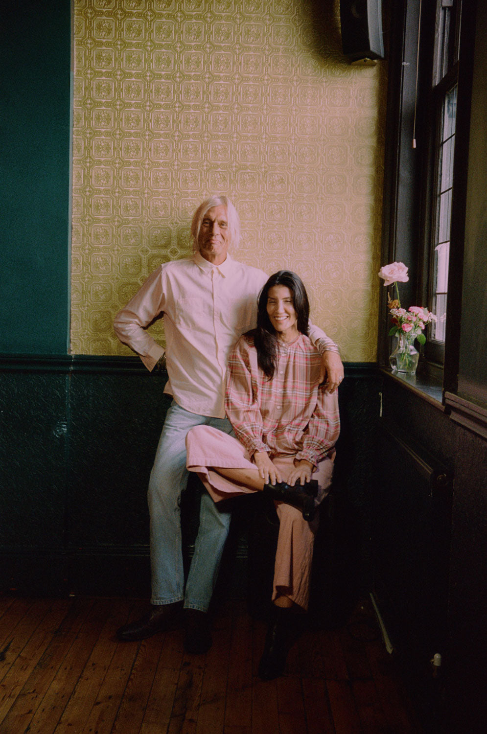 Marie pink check blouse from surplus cloth, and men's lemon orange colourblock shirt, made in London by Saywood