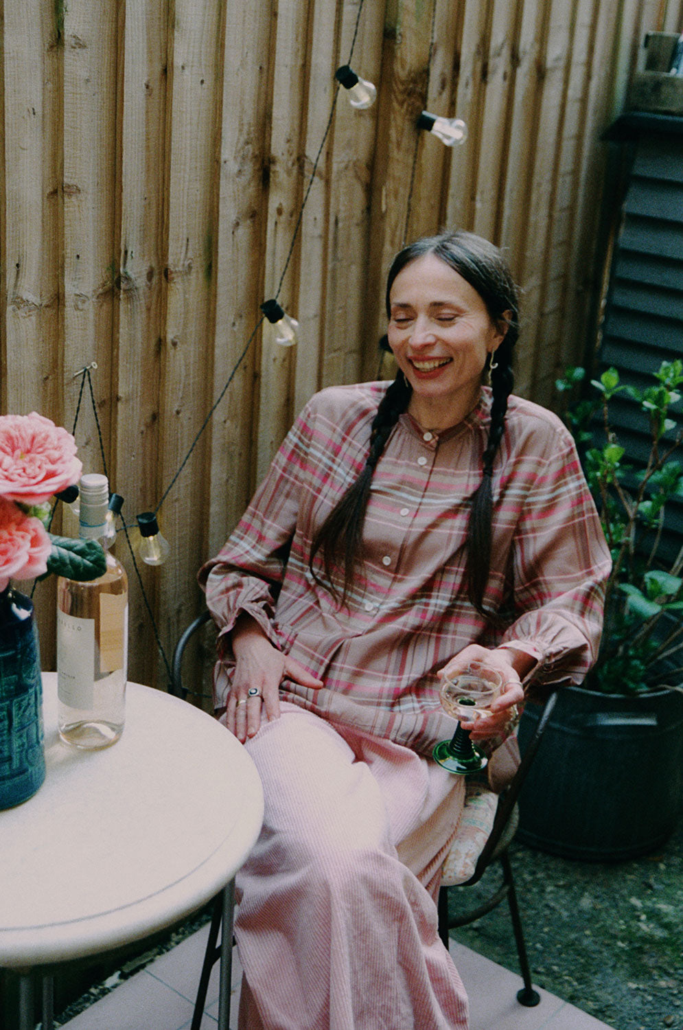 Styling inspiration: Marie pink check blouse with gathered cuffs, limited edition surplus fabric by Saywood. Worn with pink corduroy trousers.