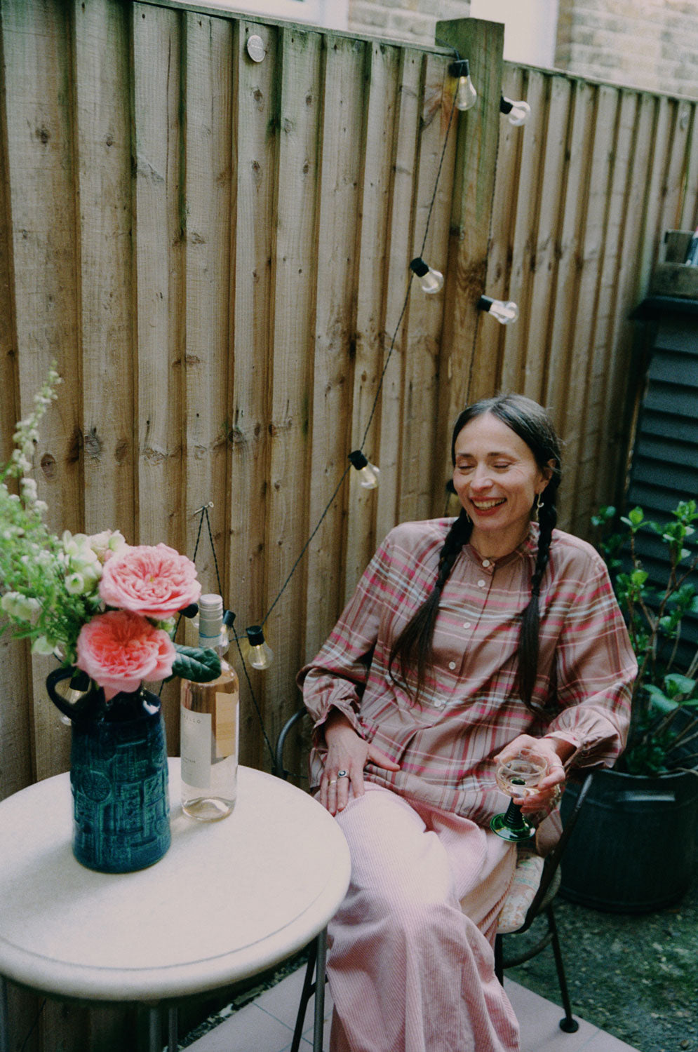 Marie pink and hazelnut check A-line blouse with gathered neck, limited edition surplus fabric by Saywood. Worn with Amelia pink corduroy trousers.