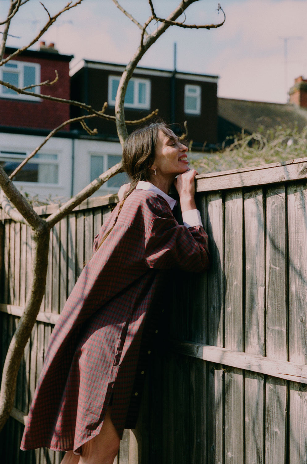 Styling inspiration: Etta oversized red check shirtdress with lilac contrast details, sustainable luxury by Saywood