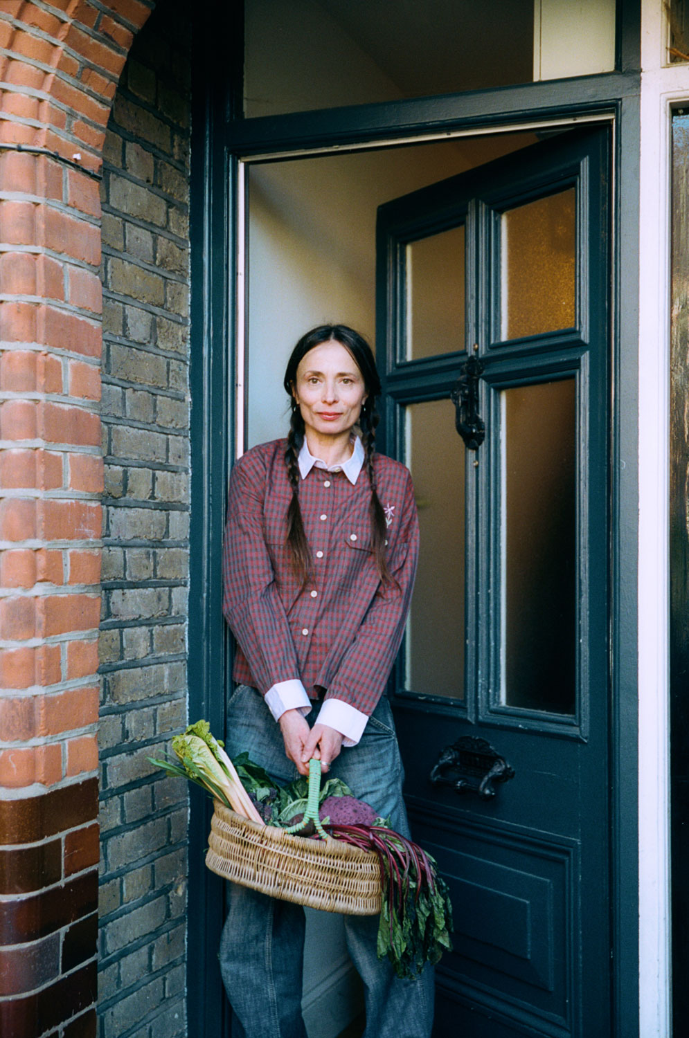 Jules utility shirt red check full length, styled with jeans, outdoor lifestyle shot by Saywood
