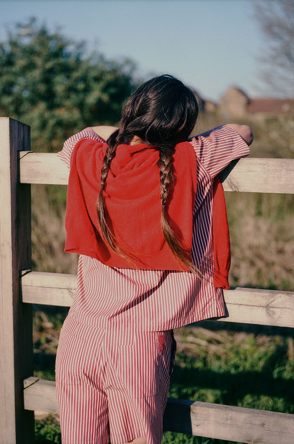 Frances berry red stripe Cuban shirt twin set with Bessie shorts showing herringbone detail, made in London by Saywood