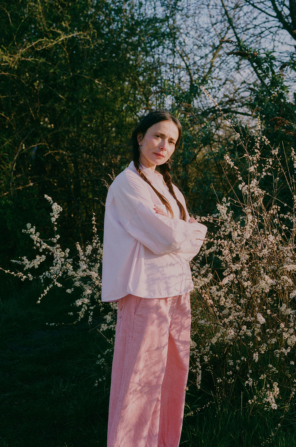 Amelia wide leg trousers in pink corduroy with Lela colourblock shirt, spring styling by Saywood, made in London